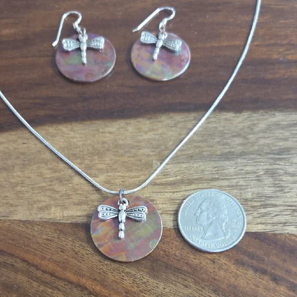 Flame Painted Dragonfly Necklace and Earring Set on a 20" chain - Picture 4 of 8